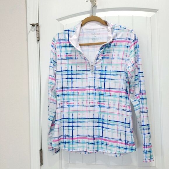 SanSoleil 1/4 Zip UV 50 Cooling Green Blue Mesh Sleeve Panel Golf Pullover Med - Picture 1 of 8